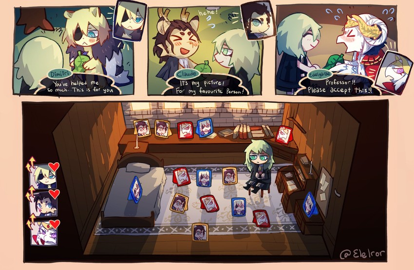 edelgard von hresvelg, dimitri alexandre blaiddyd, claude von riegan, and female byleth (fire emblem and 2 more) drawn by elelror