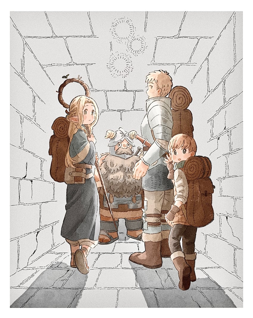 marcille donato, laios touden, senshi, and chilchuck tims (dungeon meshi) drawn by moku_(itmne26)