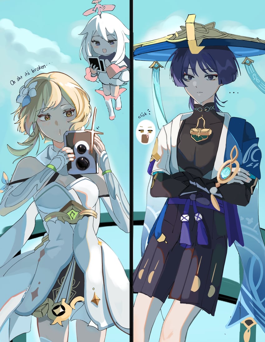 lumine, scaramouche, wanderer, and paimon (genshin impact) drawn by nee_madiiiii