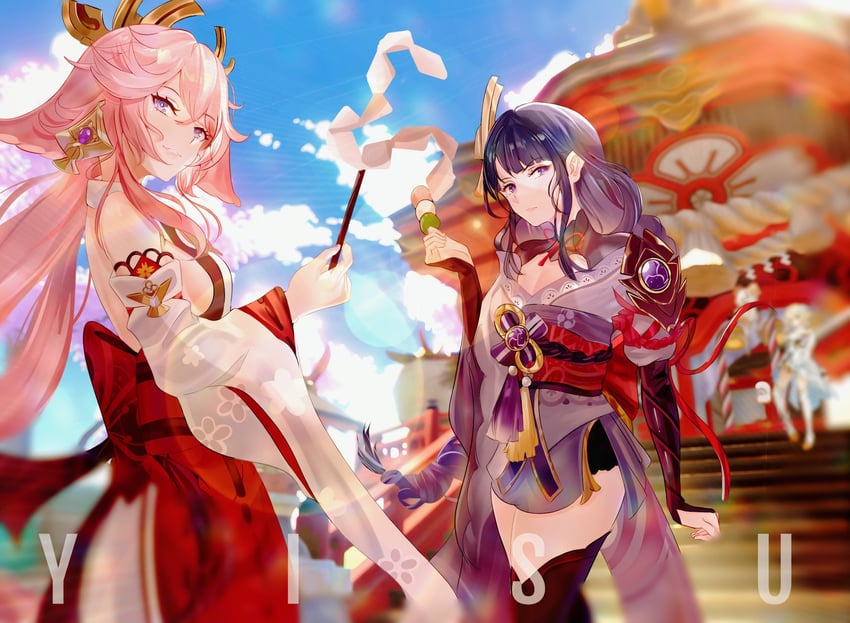lumine, raiden shogun, yae miko, and paimon (genshin impact) drawn by yisu5131