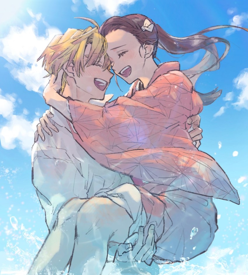kamado nezuko and agatsuma zenitsu (kimetsu no yaiba) drawn by honwaka_zz