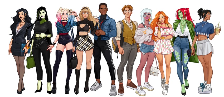 gwen stacy, korra, harley quinn, miles morales, asami sato, and 5 more (marvel and 7 more) drawn by olena_minko