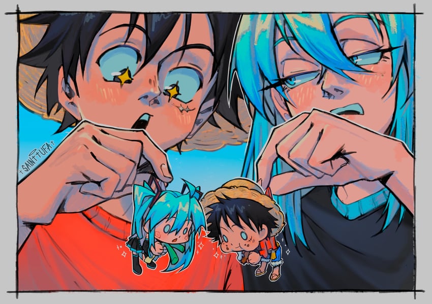 hatsune miku and monkey d. luffy (vocaloid and 1 more) drawn by sainttufa