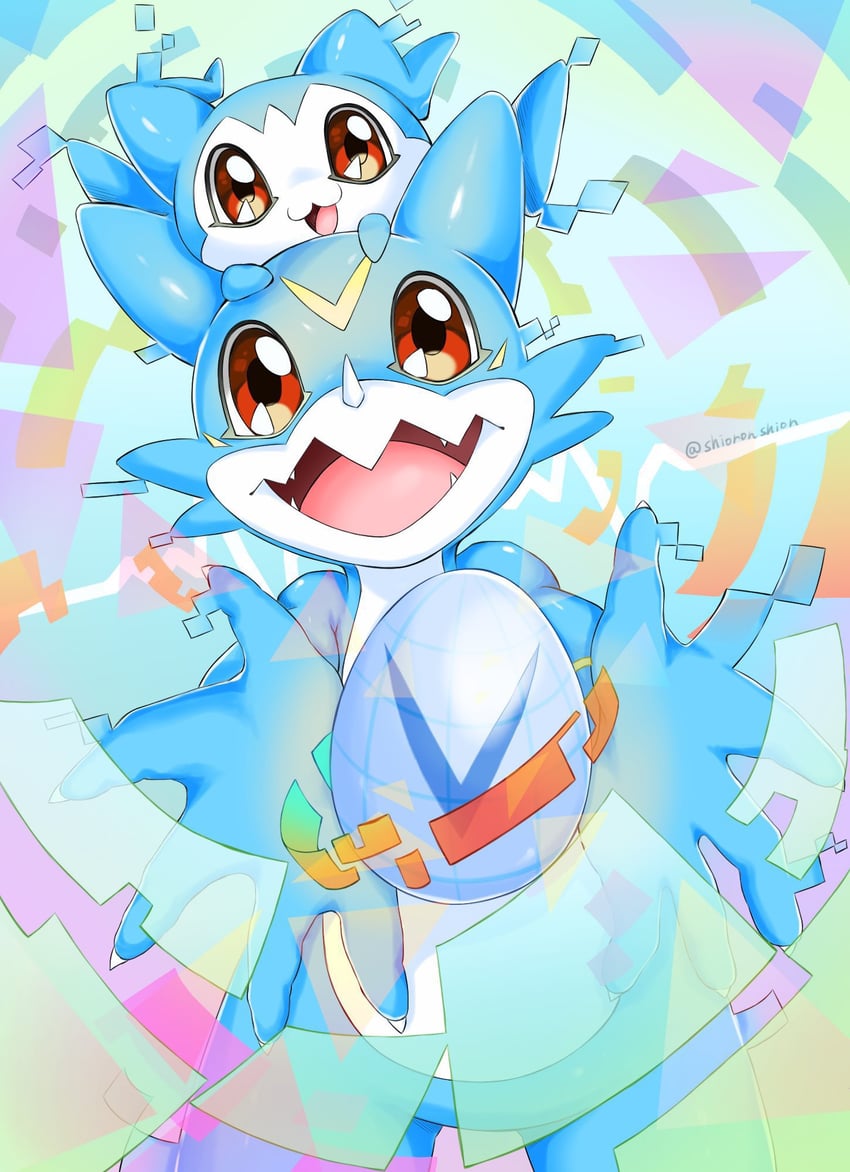 v-mon and chibimon (digimon) drawn by shingetsu_(doru0222)