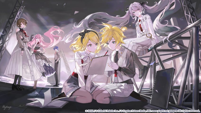 hatsune miku, kagamine rin, kagamine len, megurine luka, kaito, and 7 more (vocaloid and 1 more) drawn by ye_(pixiv4862539)