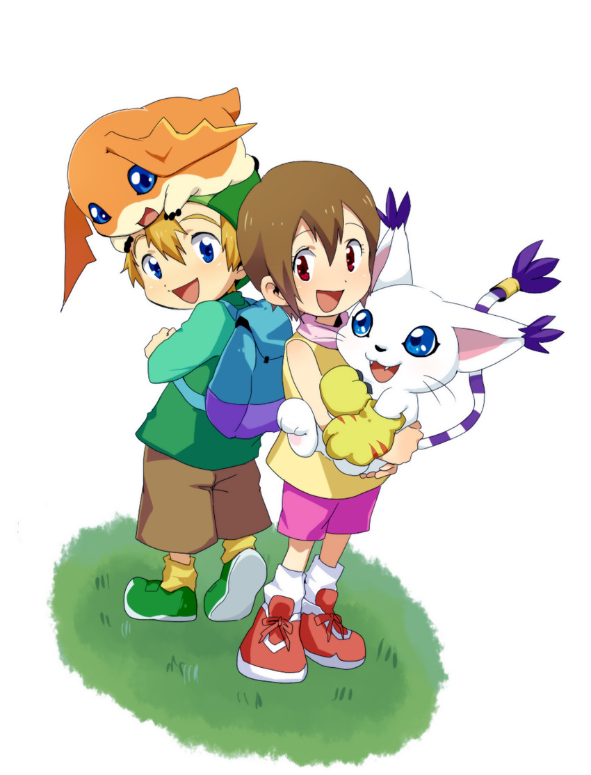 yagami hikari, tailmon, takaishi takeru, and patamon (digimon and 1 more) drawn by sendou