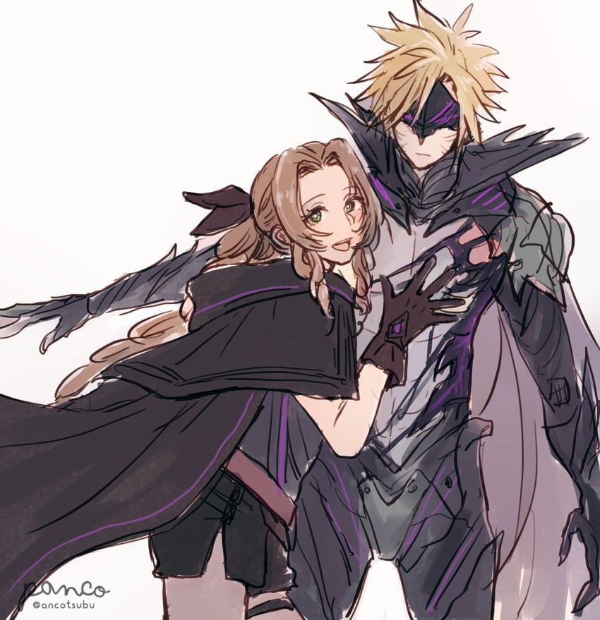 cloud strife and aerith gainsborough (final fantasy and 2 more) drawn by ancotsubu