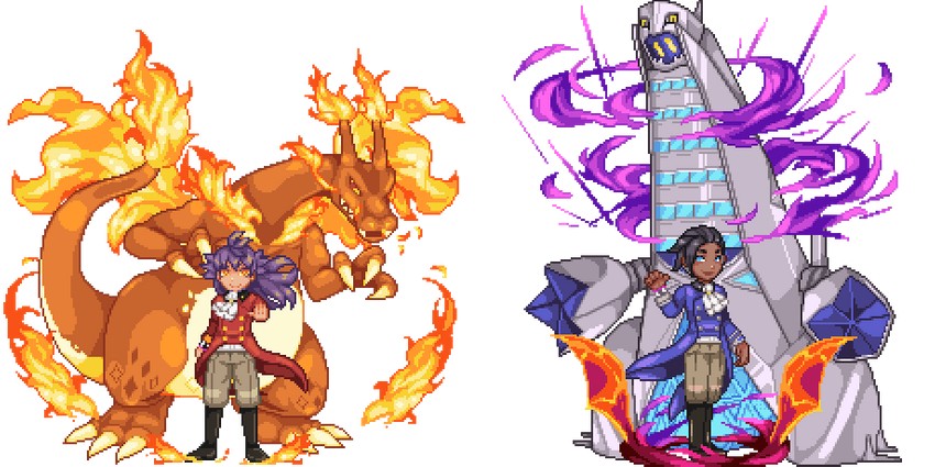leon, raihan, charizard, duraludon, gigantamax charizard, and 1 more (pokemon and 1 more) drawn by k-shiki