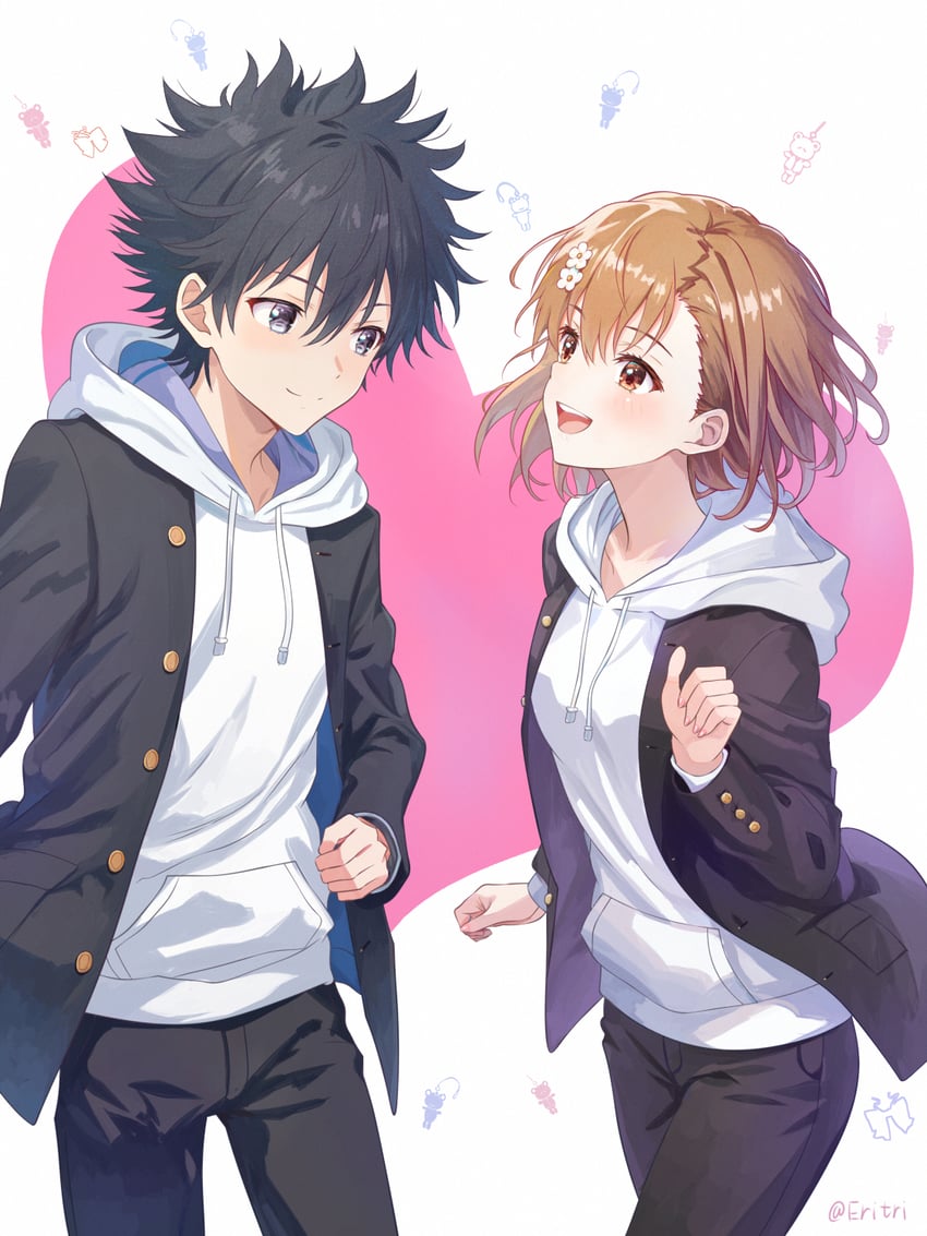 misaka mikoto, kamijou touma, and gekota (toaru majutsu no index and 1 more) drawn by eritri