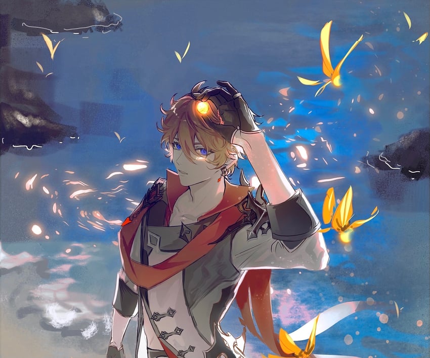 tartaglia and crystalfly (genshin impact) drawn by youliangzhi