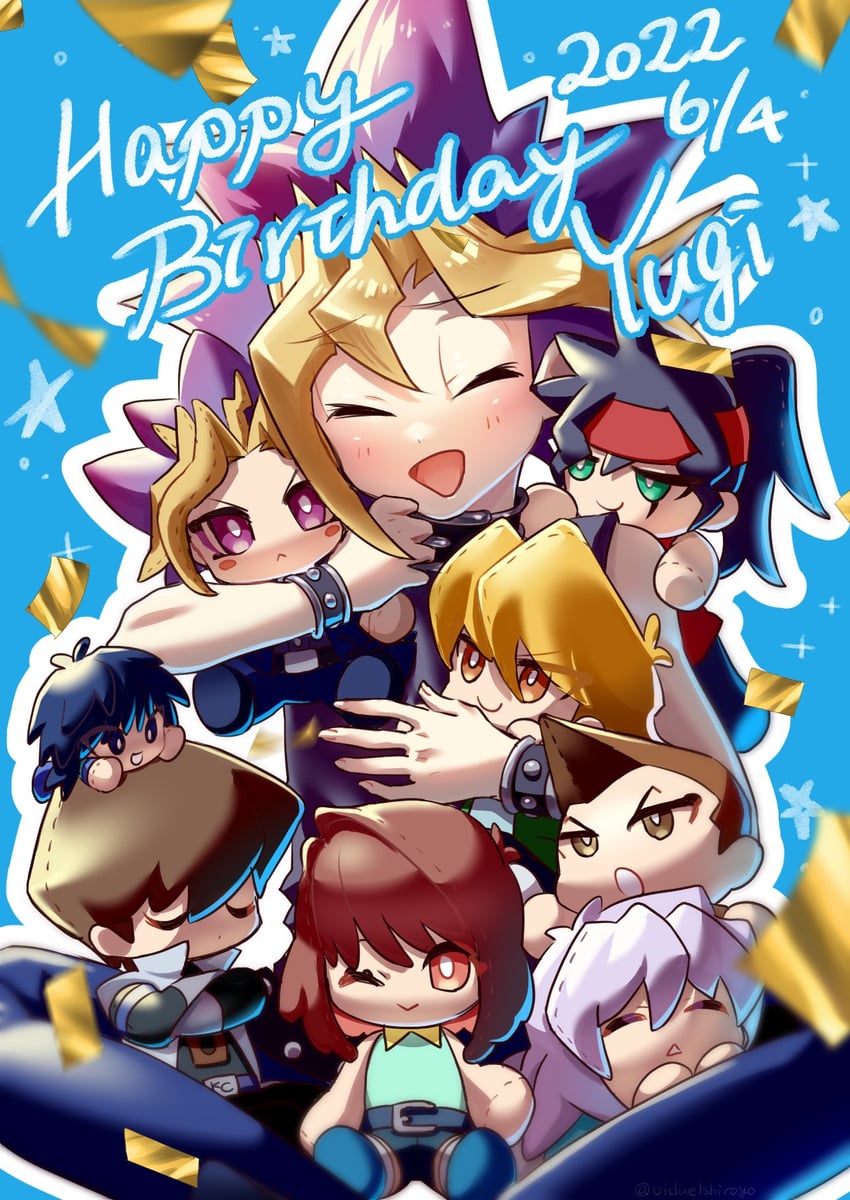 muto yugi, kaiba seto, yami yugi, mazaki anzu, jonouchi katsuya, and 4 more (yu-gi-oh! and 1 more) drawn by oiduelshiroyo