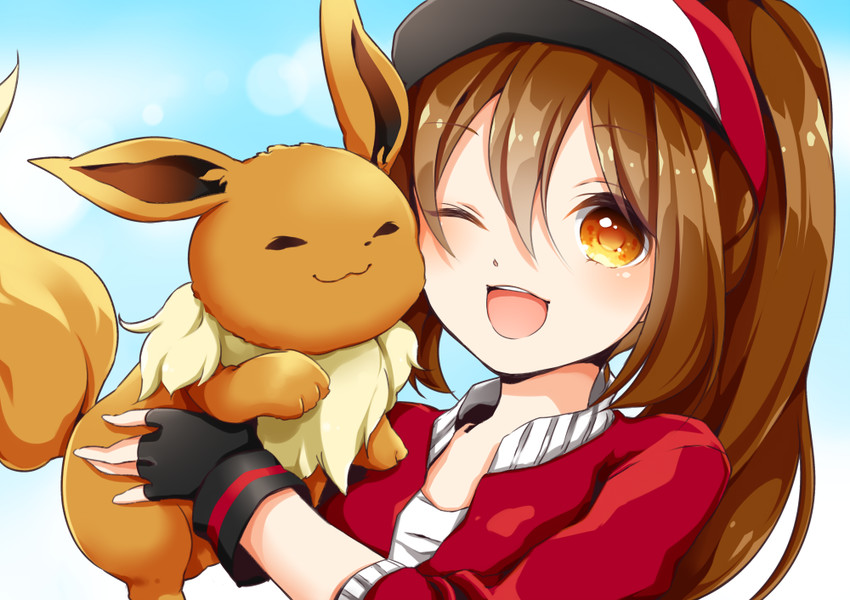 eevee and female protagonist (pokemon and 1 more) drawn by akira_ry0