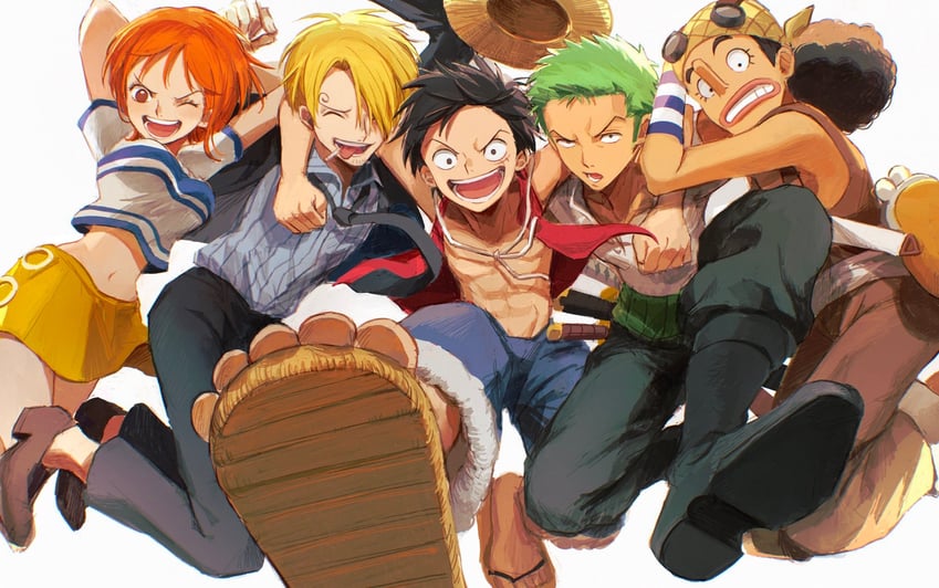 nami, monkey d. luffy, roronoa zoro, sanji, and usopp (one piece) drawn by oekakiboya