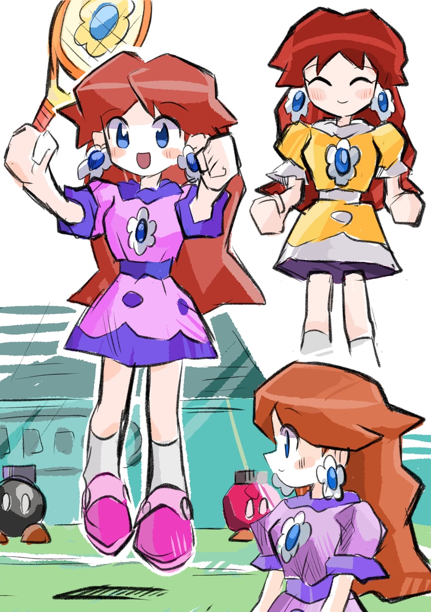 princess daisy, bob-omb, and bob-omb buddy (mario and 1 more) drawn by rakugaki_shitagari-ya