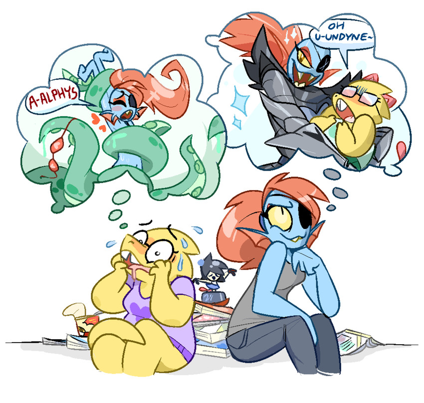 undyne, alphys, undyne the undying, and shyren (undertale) drawn by spurkeht