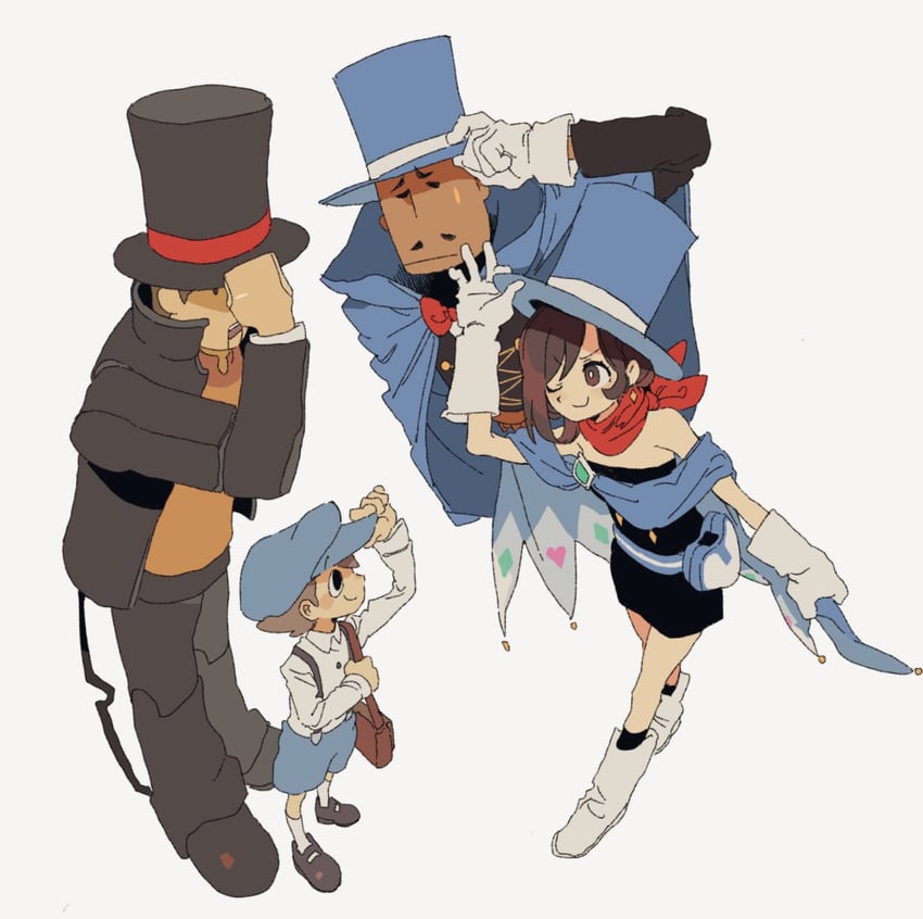 trucy wright, hershel layton, luke triton, and mr hat (ace attorney and 2 more) drawn by 6o_(pixiv_56516134)