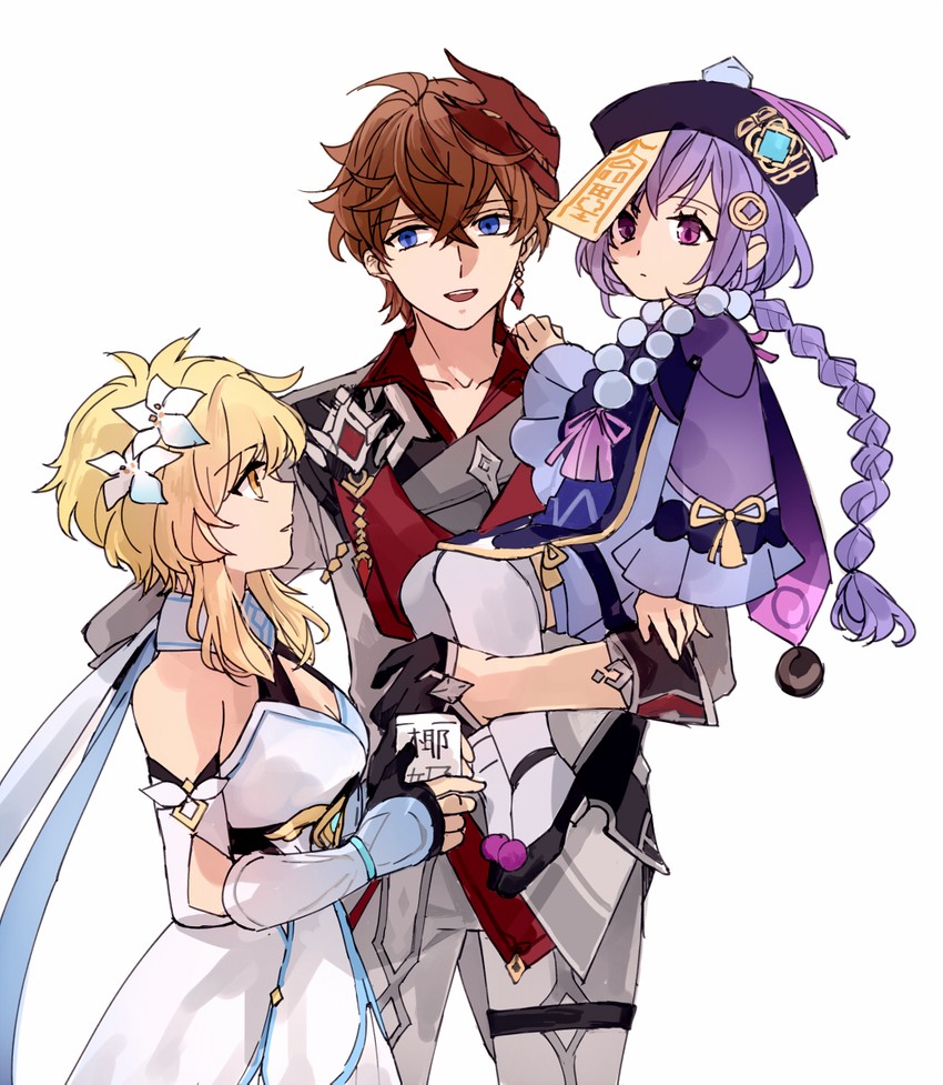 lumine, tartaglia, and qiqi (genshin impact) drawn by kk_(kkgame7733)