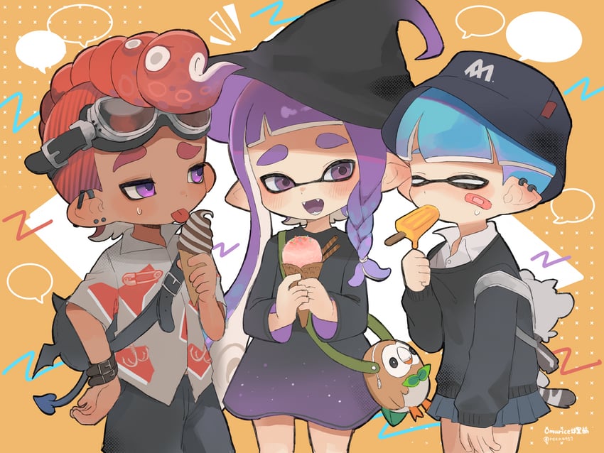 inkling player character, inkling girl, octoling player character, inkling boy, rowlet, and 1 more (pokemon and 1 more) drawn by omurice_(roza4957)