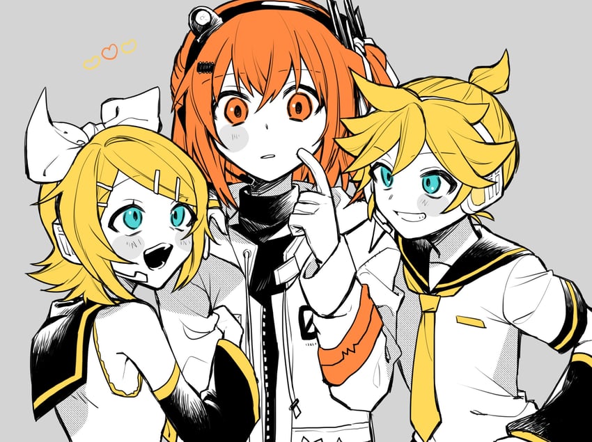 kagamine rin, kagamine len, and adachi rei (vocaloid and 2 more) drawn by igarashi_(morimorienoki)