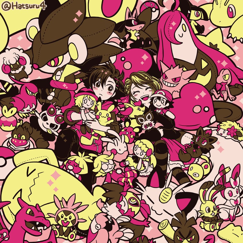 pikachu, ash ketchum, serena, charizard, lucario, and 33 more (pokemon and 1 more) drawn by hatsuru_826