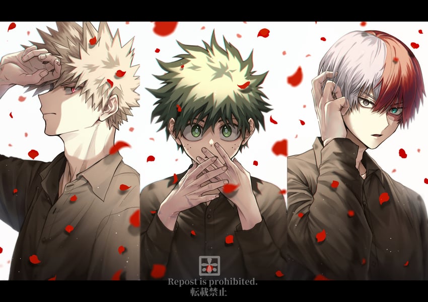 midoriya izuku, bakugou katsuki, and todoroki shoto (boku no hero academia) drawn by ho_(dotto615)