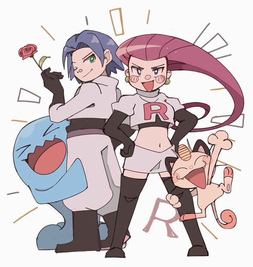 jessie, james, meowth, and wobbuffet (pokemon) drawn by yukikokoro