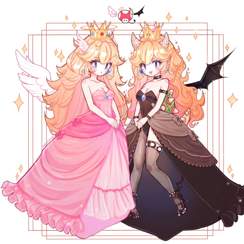 princess peach and bowsette (mario and 1 more) drawn by mushroom_bread