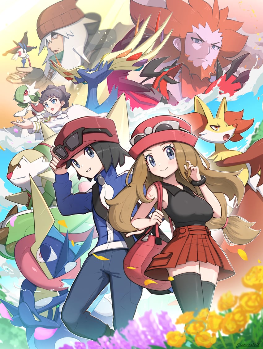 gardevoir, serena, mega gardevoir, calem, greninja, and 8 more (pokemon and 1 more) drawn by gonzarez