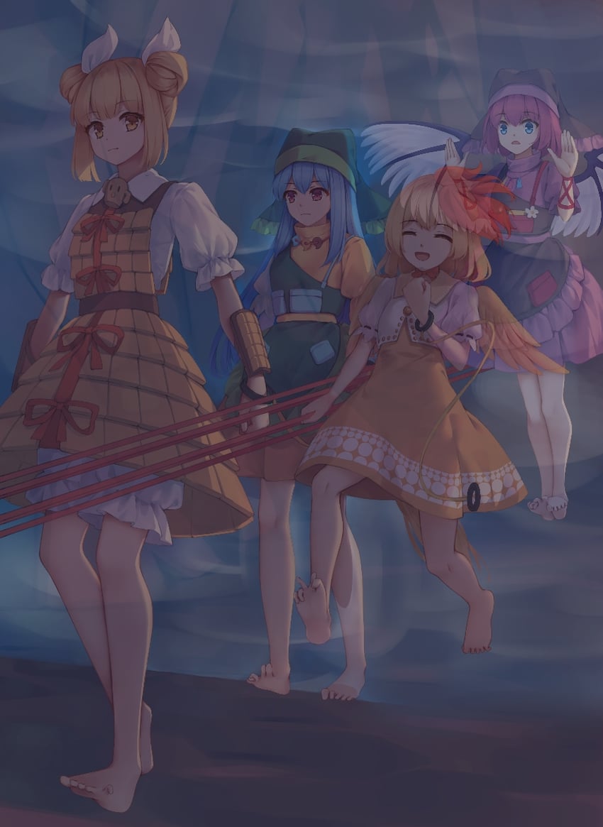 mystia lorelei, niwatari kutaka, haniyasushin keiki, and joutouguu mayumi (touhou) drawn by mechrailgun