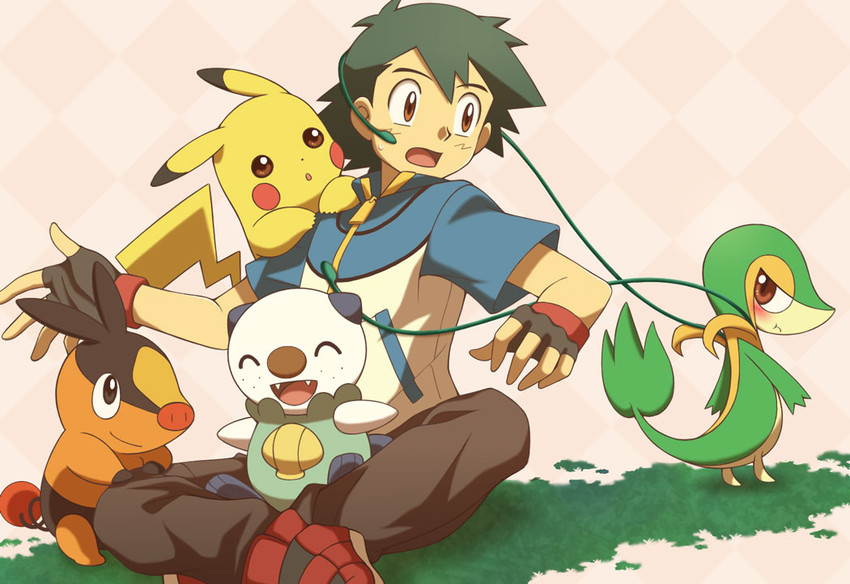 pikachu, ash ketchum, oshawott, snivy, and tepig (pokemon) drawn by cyaneko