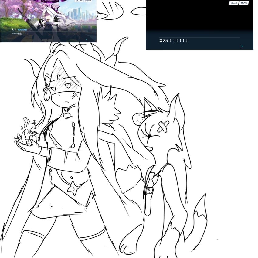 sensei, hina, tom, and jerry (blue archive and 1 more) drawn by fj_roman