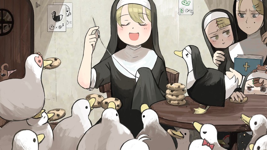 clumsy nun, froggy nun, spicy nun, strict nun, and father (little nuns) drawn by diva_(hyxpk)