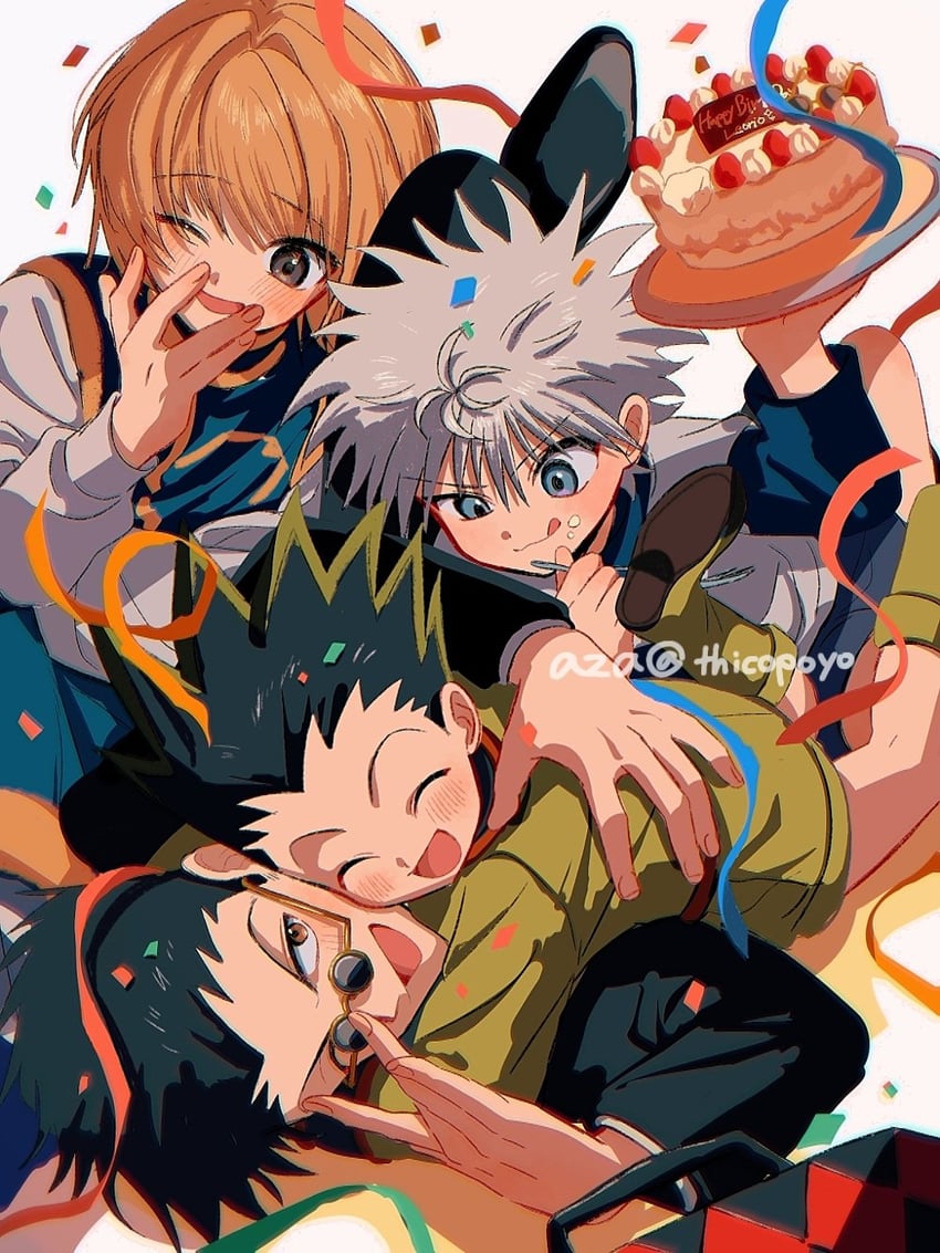 killua zoldyck, kurapika, gon freecss, and leorio paladiknight (hunter x hunter) drawn by thicopoyo