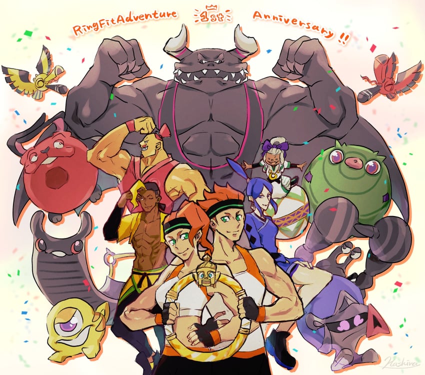 ring fit trainee, ring, dragaux, abdonis, hoplin, and 9 more (ring fit adventure) drawn by hashira_w