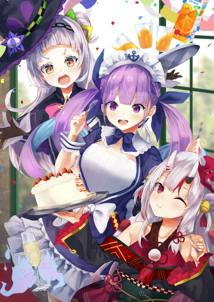 minato aqua, murasaki shion, and nakiri ayame (hololive) drawn by konkito