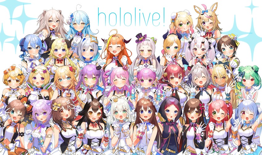 houshou marine, shirakami fubuki, hoshimachi suisei, usada pekora, nekomata okayu, and 29 more (hololive) drawn by kuma_daigorou