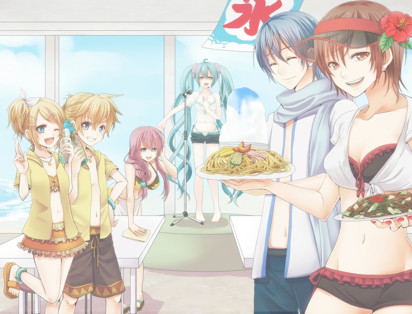 hatsune miku, kagamine rin, kagamine len, megurine luka, kaito, and 1 more (vocaloid) drawn by setora