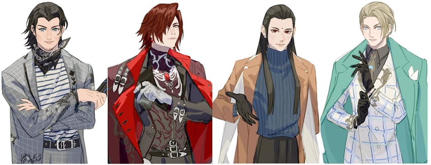 genesis rhapsodos, angeal hewley, tseng, and rufus shinra (final fantasy and 3 more) drawn by vendobear