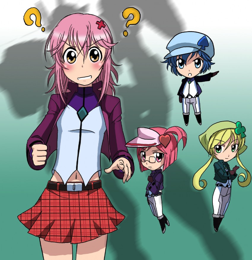 tieria erde, hinamori amu, setsuna f. seiei, lockon stratos, sumeragi lee noriega, and 3 more (gundam and 2 more) drawn by takaya_n