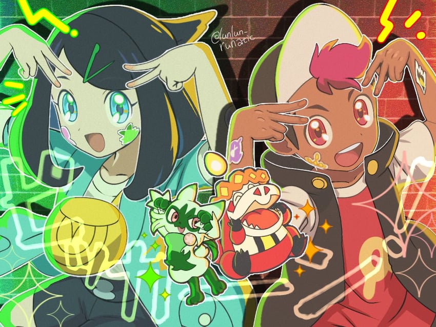 liko, roy, floragato, and crocalor (pokemon and 1 more) drawn by runachikku
