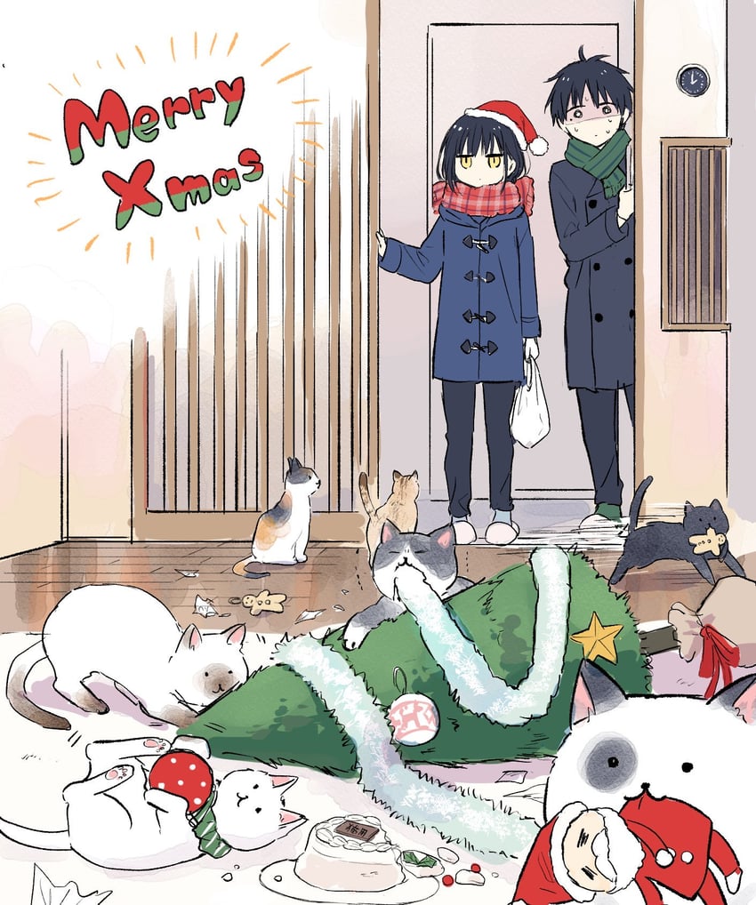 santa claus, nekozane mugi, and seno minato (tonari no neko to koi shirazu) drawn by akinoko_(noco916)