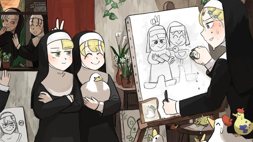 clumsy nun, spicy nun, strict nun, smug nun, and freckles nun (little nuns) drawn by diva_(hyxpk)