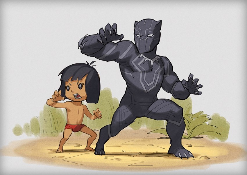 black panther, t'challa, and mowgli (marvel and 2 more) drawn by canonfalao
