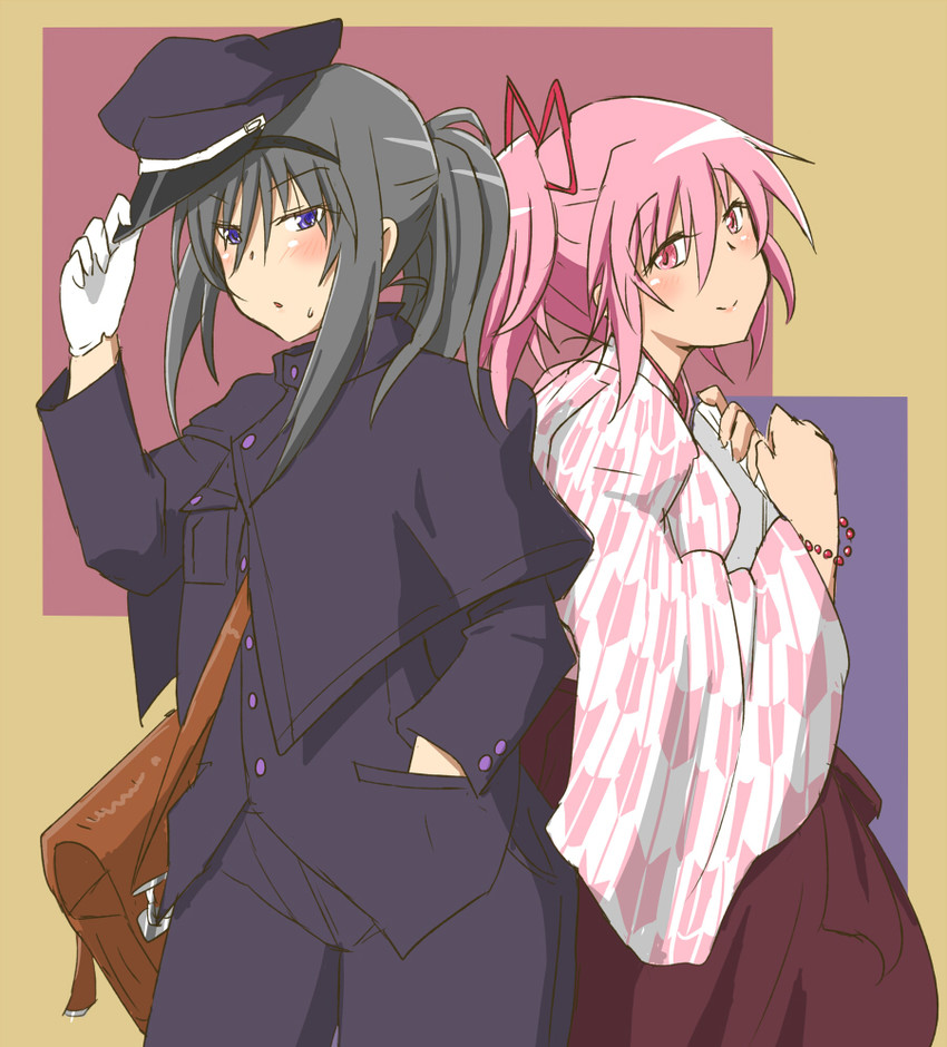 akemi homura and kaname madoka (mahou shoujo madoka magica) drawn by oman_(evld)