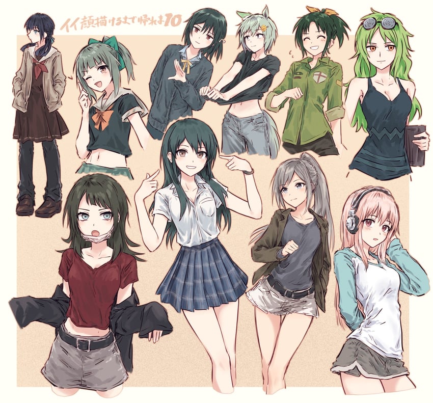 murano sayaka, yuubari, yahata umiri, super sonico, midorikawa nao, and 5 more (kantai collection and 14 more) drawn by bullfalk