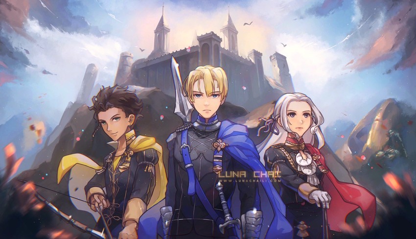 edelgard von hresvelg, dimitri alexandre blaiddyd, and claude von riegan (fire emblem and 1 more) drawn by luna_chai
