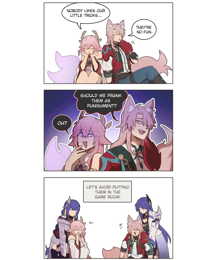raiden shogun, yae miko, acheron, jiaoqiu, and sawashiro miyuki (genshin impact and 3 more) drawn by netoii