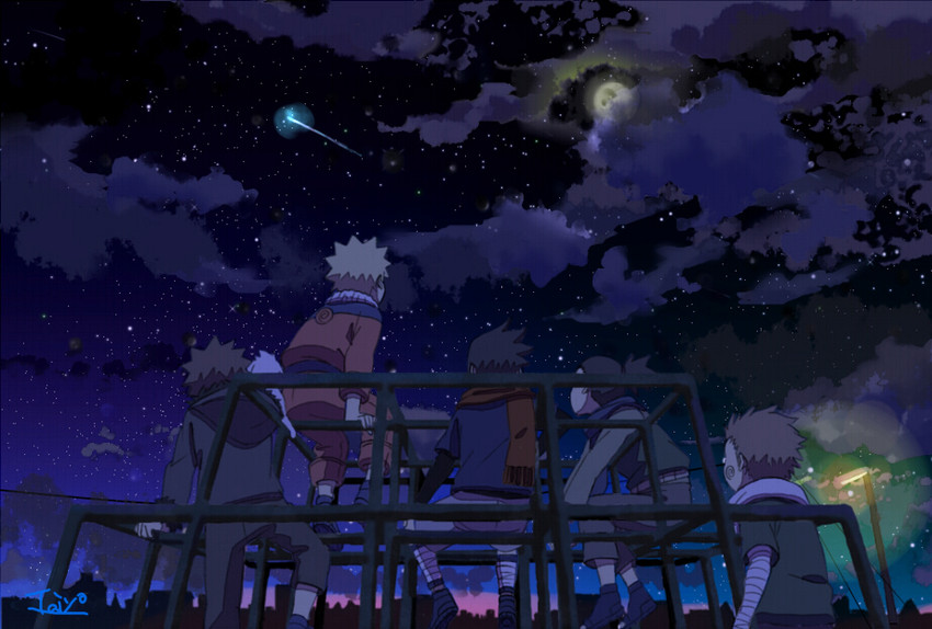 uzumaki naruto, uchiha sasuke, nara shikamaru, inuzuka kiba, and akimichi chouji (naruto) drawn by n_y