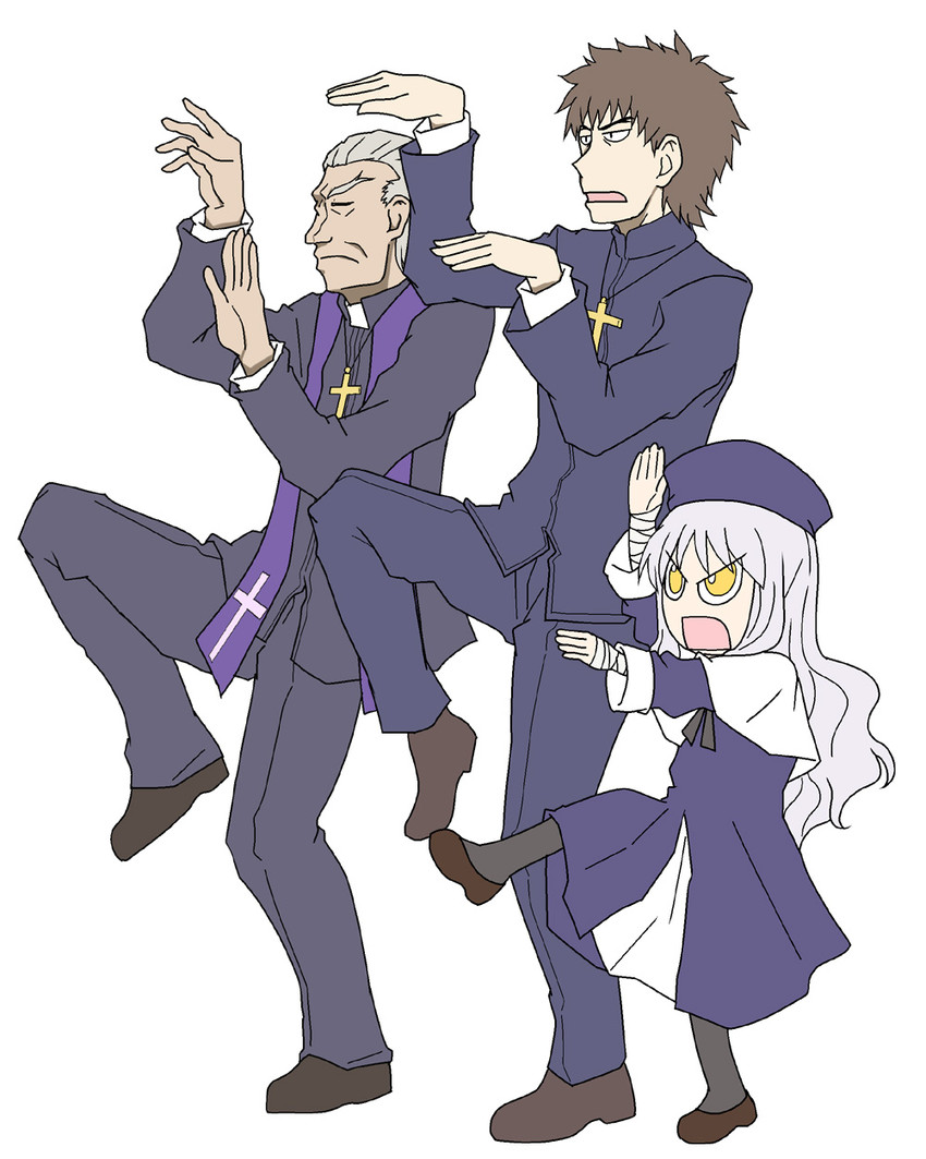 kotomine kirei, caren hortensia, and kotomine risei (fate and 2 more) drawn by kairakuen_umenoka