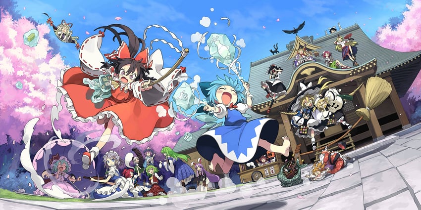 hakurei reimu, kirisame marisa, remilia scarlet, izayoi sakuya, kochiya sanae, and 19 more (touhou and 1 more) drawn by morino_hon
